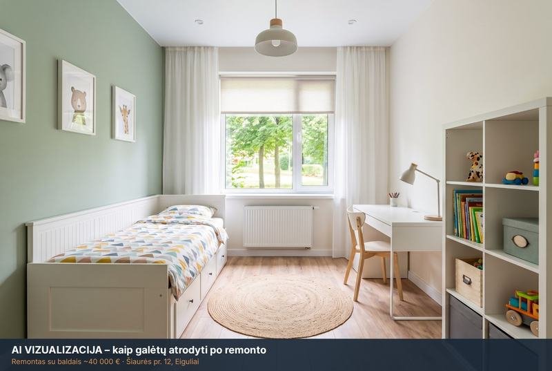 AI vizualizacija: vaiko kambarys po remonto – Šiaurės pr. 12, Eiguliai