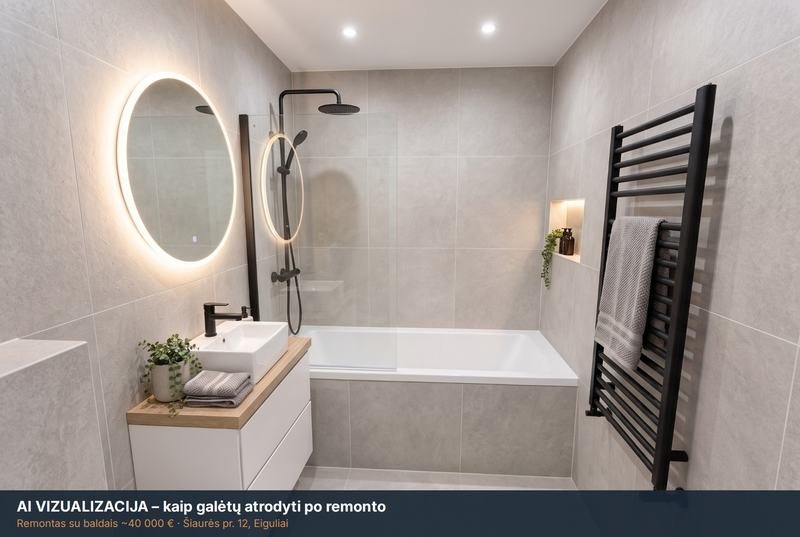 AI vizualizacija: vonia po remonto – Šiaurės pr. 12, Eiguliai