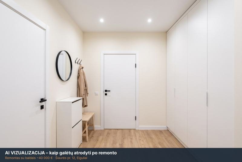 AI vizualizacija: koridorius po remonto – Šiaurės pr. 12, Eiguliai
